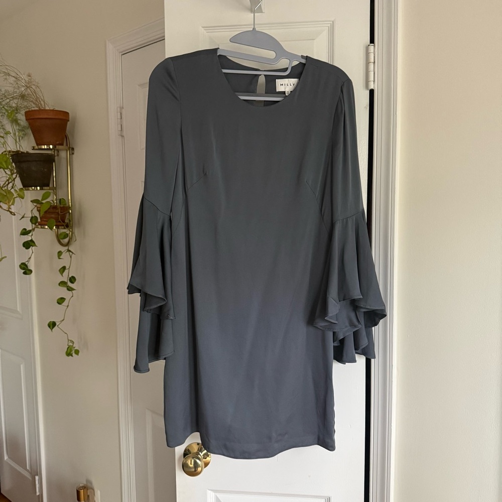 Milly Silk Bell Sleeve Shift Mini Dress Gray Keyhole Back Designer - Size 0
